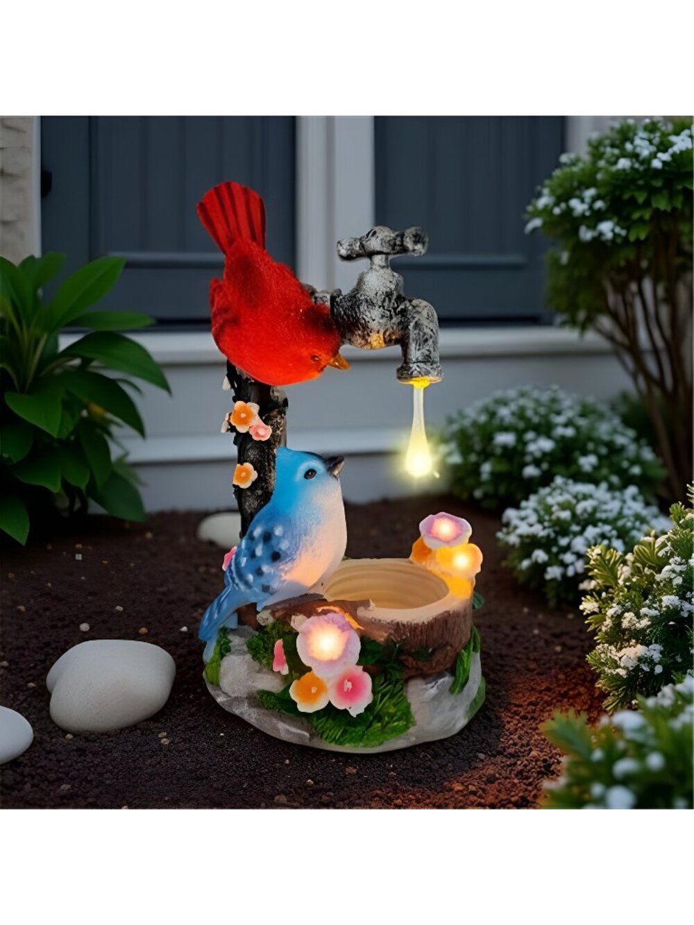 Solar Cardinal Birds Statue with Bird Feeder, 12″ Resin Garden Decor